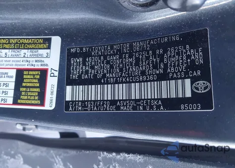 2012 Toyota Camry Se z USA, uszkodzony, nr VIN 4T1BF1FK4CU589360